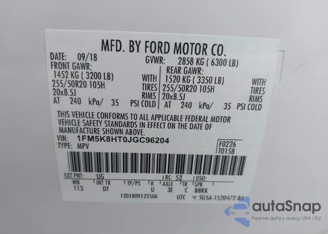 2018 Ford Explorer Platinum z USA, uszkodzony, nr VIN 1FM5K8HT0JGC96204